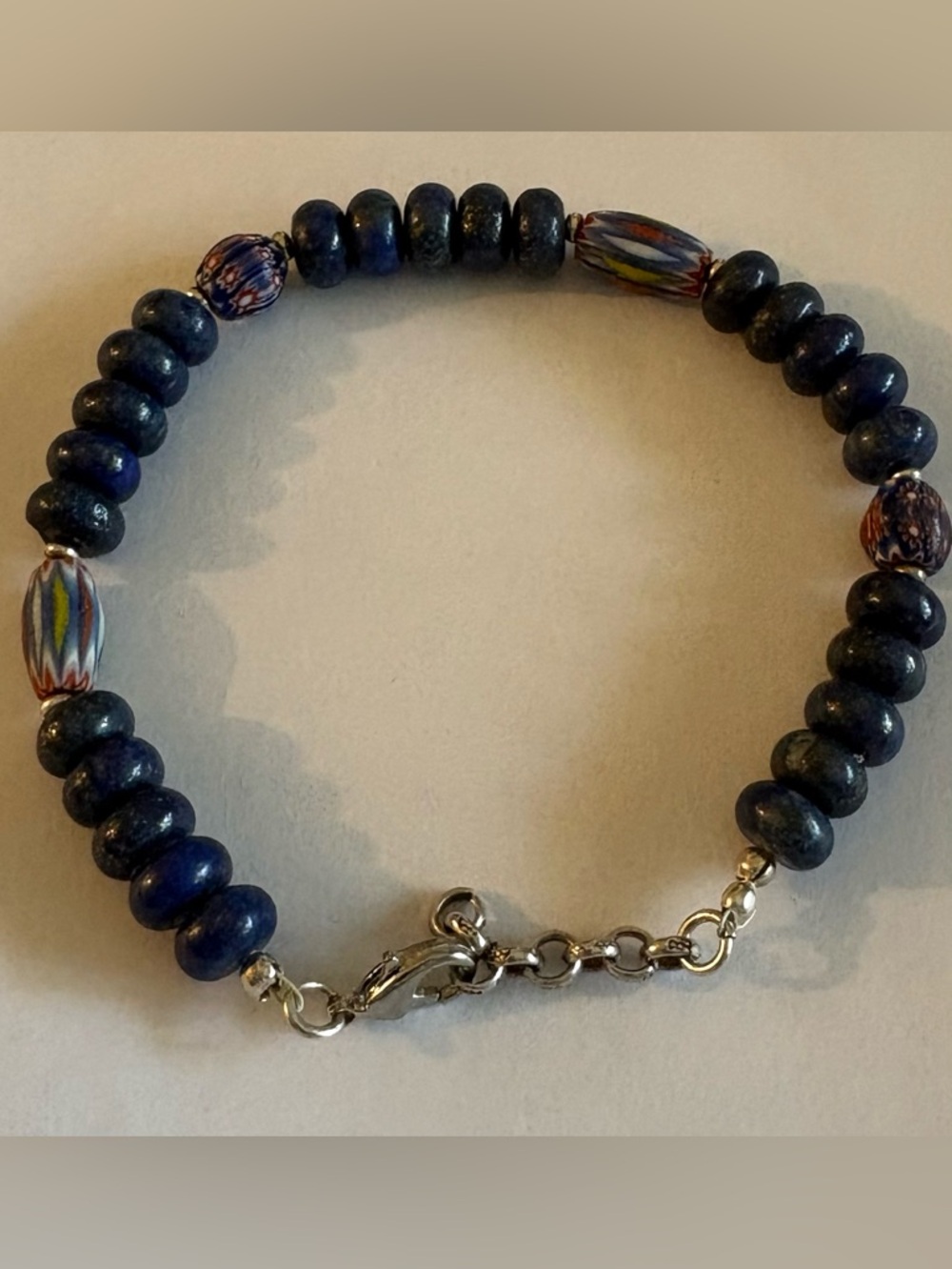 Dark Blue Lapis rhondelle Beaded Bracelet with Antique beads